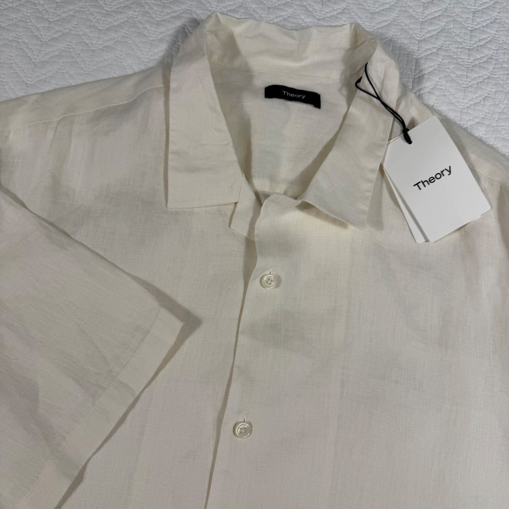 Theory Daze Precise 100% Linen Shirt‎ Mens XXL Cream Off White Short Sleeve NWT
